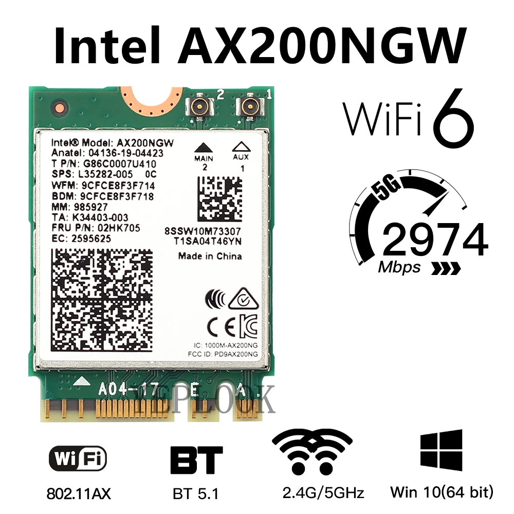 Wifi 6 AX200NGW AX200 WiFi Card 2974Mbps Bluetooth 5.2 Dual Band 2.4Ghz/5Ghz 802.11AC/AX NGFF M.2 MU-MIMO for Win10 Only