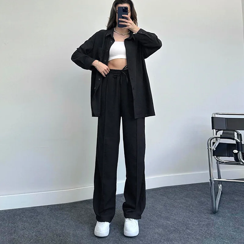 Spot European American Suits for Women Loose Long-sleeved Shirts Spring Autumn Trousers Two-piece Sets Autumn