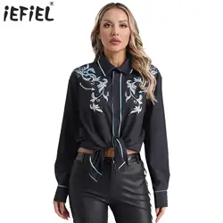 Womens Vintage Printed Shirt Casual Long Sleeve Button Down Shirts Cowgirl Costume for Theme Party Holiday Carnival Dress Up