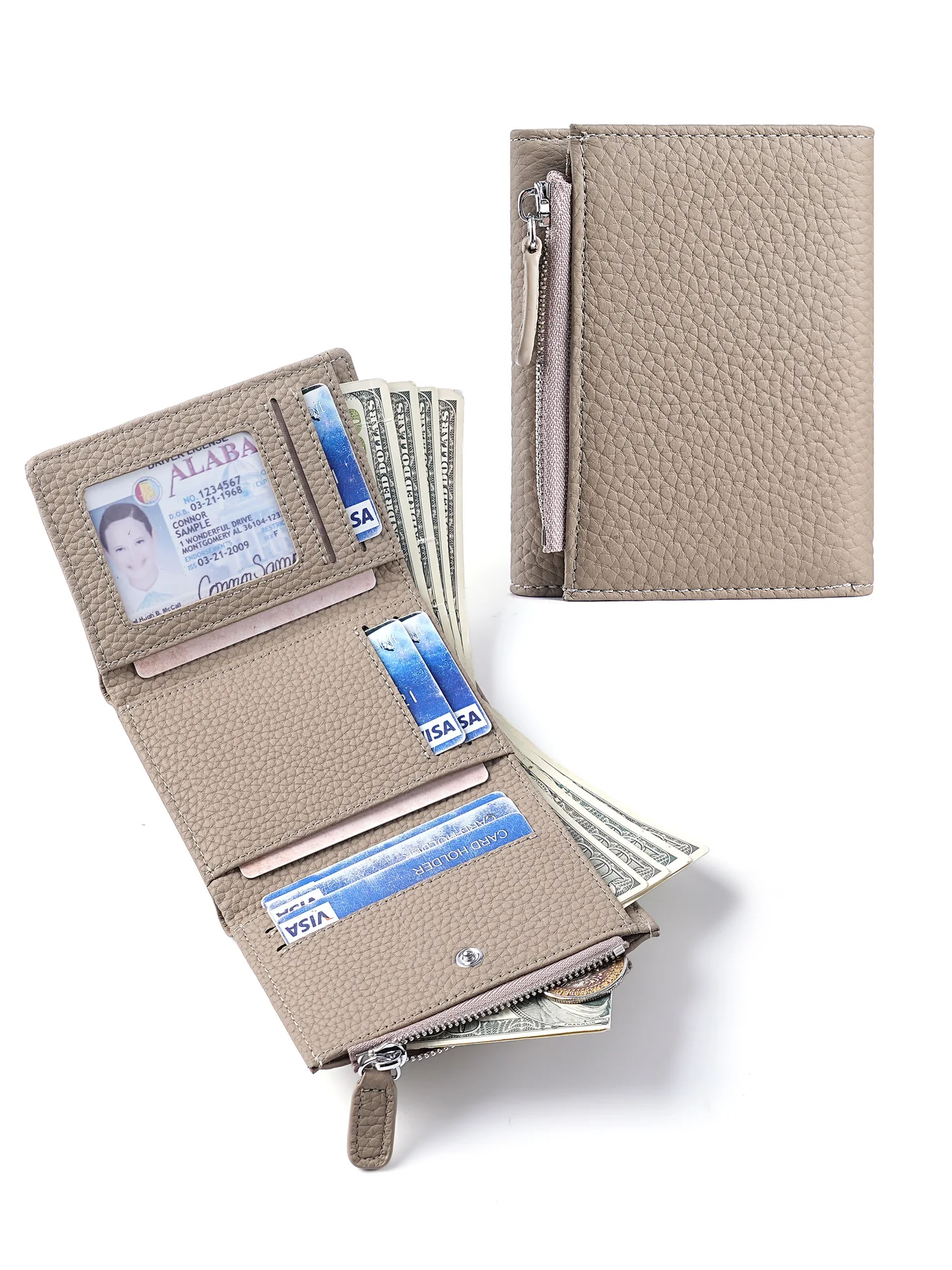 Western Litchi Pattern Cowhide Leather Three Floded Men Wallet Large Capacity Zipper Design Coin for Ladies