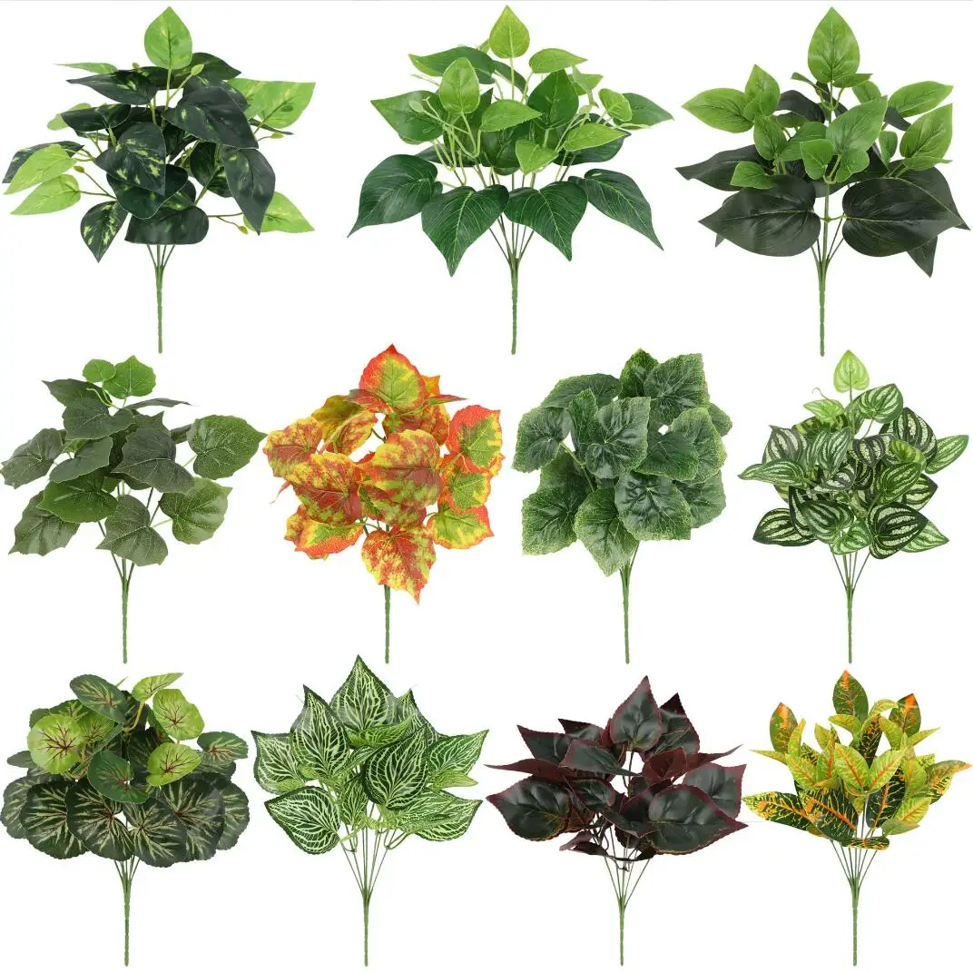 Plantas verdes artificiales, hojas artificiales manchadas, ramas de hojas de arce, hojas de corazón de cerdo, pared de plantas, decoración de la sala de estar
