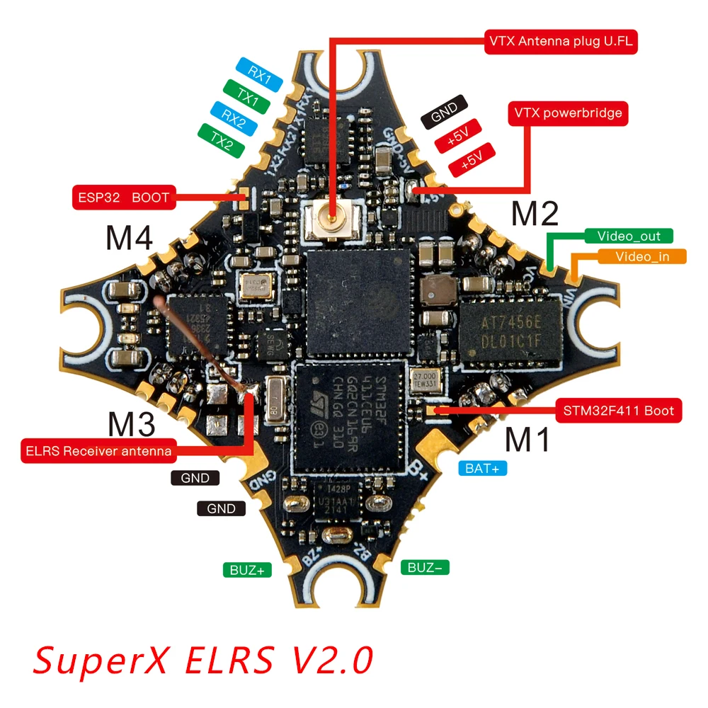 Happymodel SuperX ELRS V2.0 AIO 5IN1 AIO kontroler lotu / 4w1 5A ESC / 2,4 GHz ELRS RX / 0/RCE/25 mw/100 mw/400 mw VTX