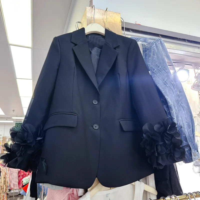 

SuperAen 2024 Spring New Lady Black Little Crow Suit New Loose Tassel Flower Sleeve Blazer Coat