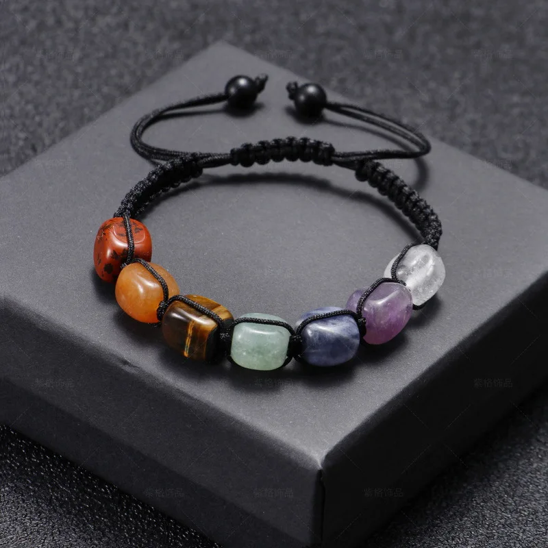 7-Chakra-Quadrat-Perlen-Armband für Damen und Herren, natürlicher Tigerauge-Stein, handgefertigte Schnur, geflochten, Yoga, Balance, Meditation, Schmuck