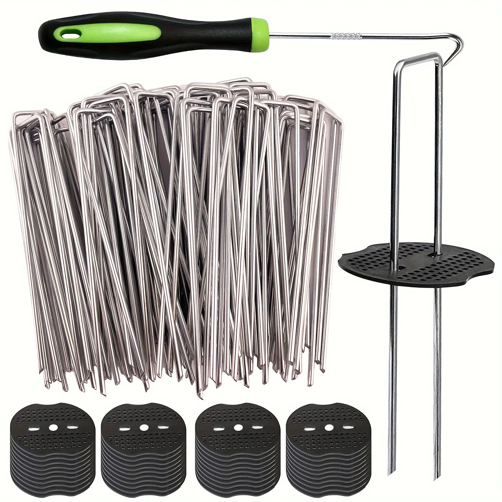 201Pcs Galvanized Landscape Staples 6 Inch, 100 U-Shaped Garden Pins with 100 Washers & 1 Hook, Heavy-Duty Lawn Fabric Pegs