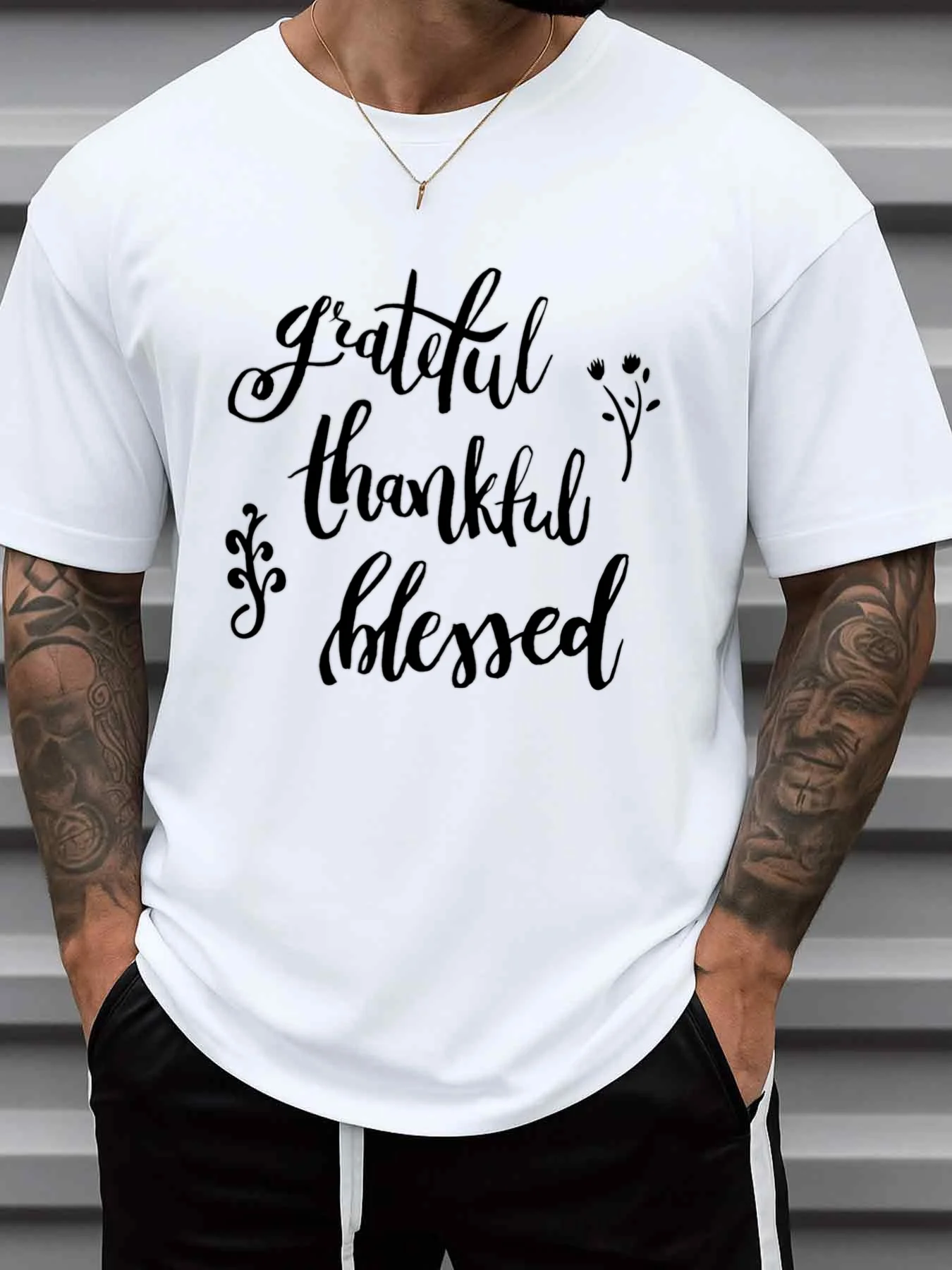 Men's Thanksgiving Blessings Theme T-Shirt - Positive Energy Faith Apparel, Casual Short Sleeve Round Neck White T-Shirt, Inspirational Print Design, Comfortable for All Seasons, Everyday Wear