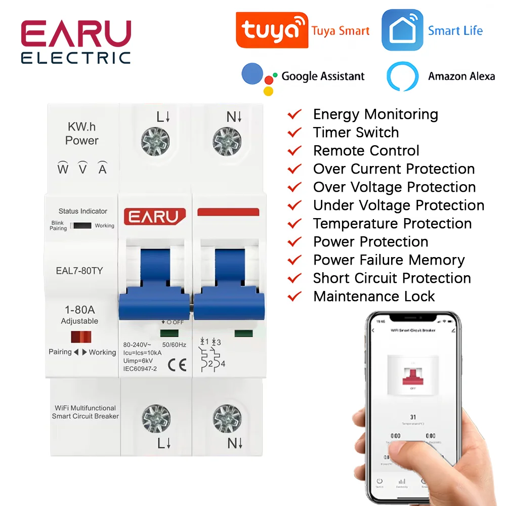 230V TUYA WIFI MCB Smart Breaker 1-80A Adjustable kWh Meter Overcurrent Undervoltage Short-Circuit Protection