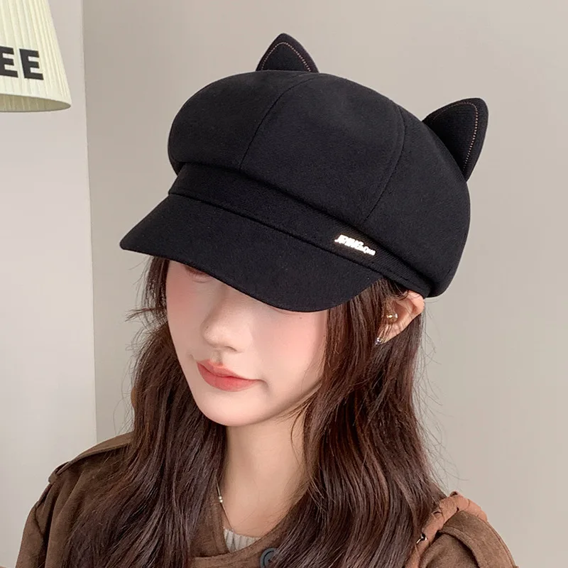 

Cat's Ears Letter Octagonal Hat Female Autumn Winter Retro Newsboy Hat Cute Duck Tongue Beret Hat Women Cute Hat