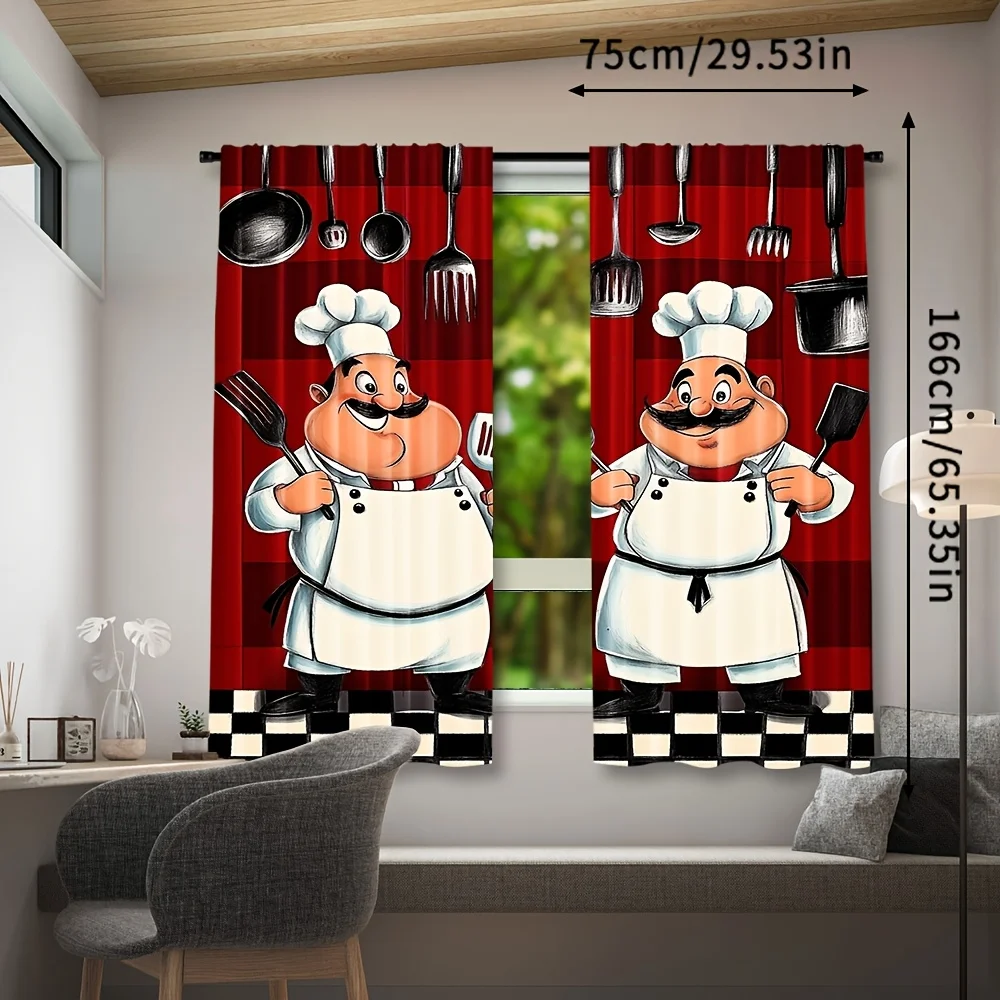 Cute Chef Cartoon Curtains Window Drapes Red Black Kitchen Utensil Theme Funny Cooking Novelty Curtains for Living Room Home