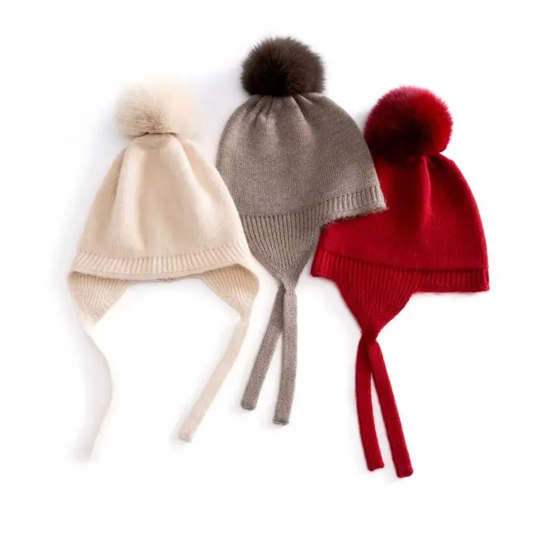 100% Cashmere Children's Hat for Boys And Girls Warm Autumn Winter Ear Protection Pullover Windproof Cute Pom Pom Hat