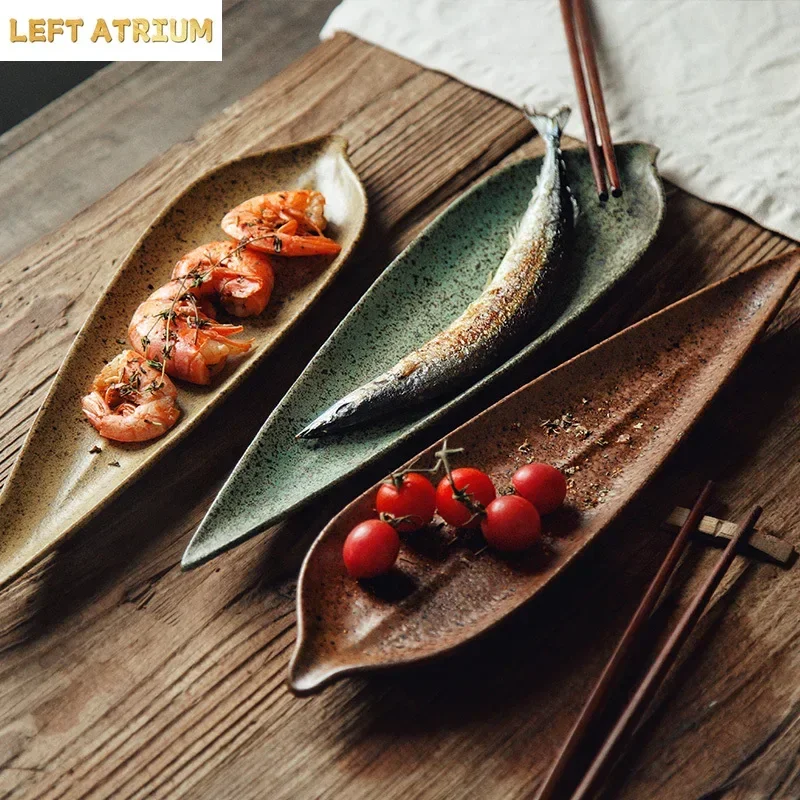 Vintage Leaf Shaped Ceramic Plate Creative Sushi Plate Fish Plate Dessert Dish Long Strip Plates Molecular Cuisine Tableware