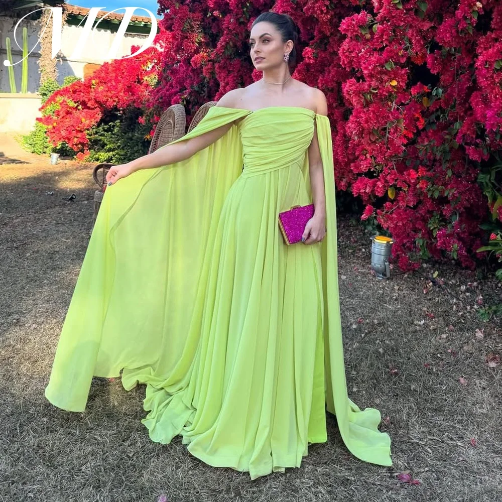 

MD Elegant Fluorescent Green A-line Evening Gown Long Cap Sleeves Pleat Chiffon Prom Gown فساتين سهرة customiesd 2025