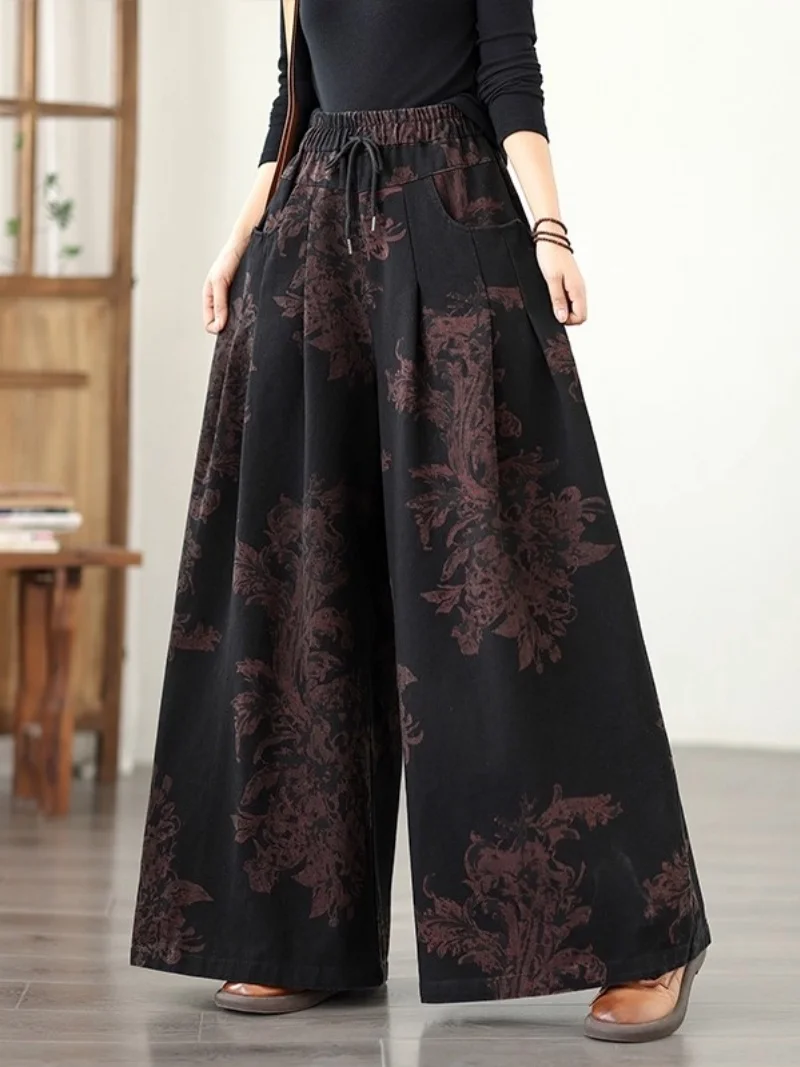 

Джинсовые широкие брюки большого размера для женщин, осень 2024, новый принт, эластичные и свободные повседневные универсальные джинсы w528