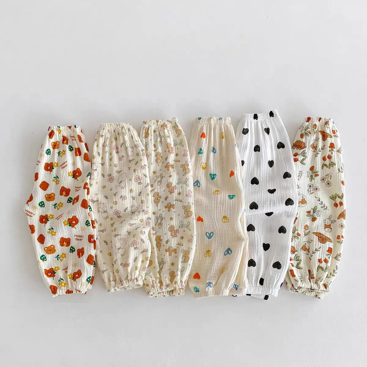 Children Korean Style Floral And Heart Print Anti Mosquito Pants Soft Cotton Gauze Wide Leg Trousers Baby Summer Thin Pants Wear