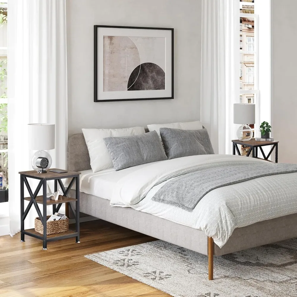 طاولات نهائية لغرفة المعيشة مكونة من 2 مزرعة، طاولة جانبية مع رف تخزين، 16 بوصة عرض × 12 بوصة عمق × 24 بوصة ارتفاع، مجموعة طاولة جانبية من 3 طبقات مكونة من 2، X-S