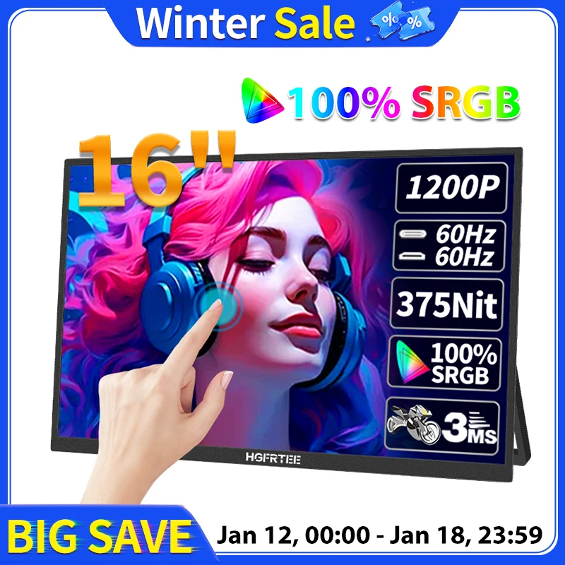 HGFRTEE 16inch Touch Portable Monitor 16:10 96%sRGB 350Cd/m² Second Screen For Laptop With Holder Stand Type-C HDMI-Compatible