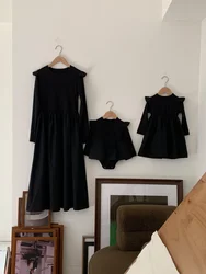 Family Matching  Autumn Spring  Black Color Dress Mother Daughter Long-sleeved Soft Cotton Dress Women Dress Baby Girl Bodysuit