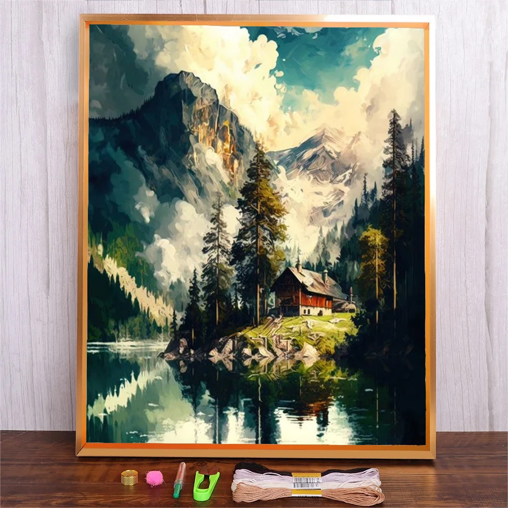 

DIY 11CT Cross Stitch Embroidery Kits Mountain Lake Landscape Needlework Craft Set Cotton Thread Printed Canvas Home Decoration