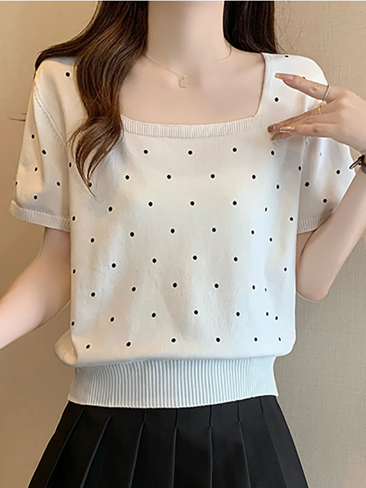 

White Black Short Sleeve T-shirt Women Polka Dot Knitted Tops Preppy Style Tshirts Woman Summer Thin Knit Top Tee Ladies Clothes