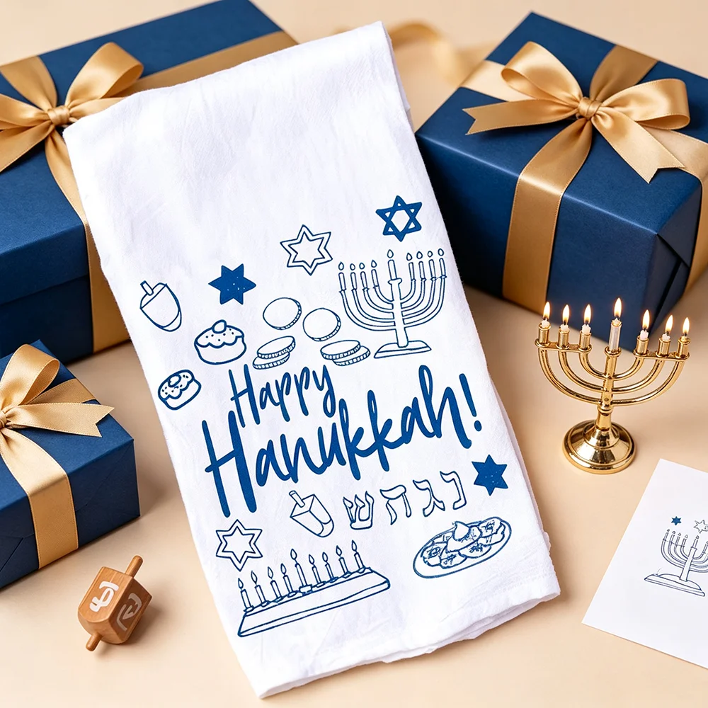 Hanukkah Kitchen Tea Towel Jewish Holiday Hostess Gift Chanukah Kitchen Supplies Housewarming Menorah Dreidel Gelt Torah Challah