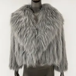 Winter Overcoat Natural Fur Collar Outerwear Short New Fluffy Luxury Fur Knitted Coat Women Real Natural Raccoon Fur Jacket