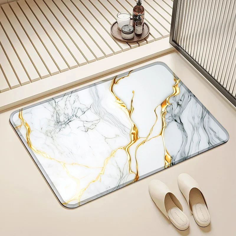 

White Black Gold Marble Door Mat Non-Slip Absorbent Floor Rug for Home Bathroom Kitchen Decor