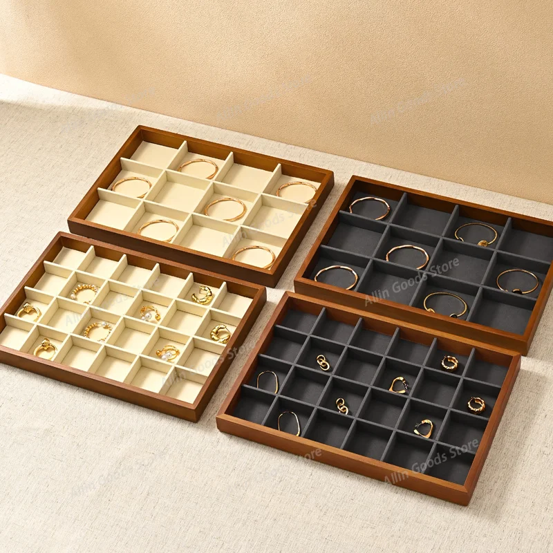 Solid Wood Jewelry Display Tray Beige&Dark Gray Ring Necklace Earring Bracelet Organizer for Shop Cabinet Exhibition