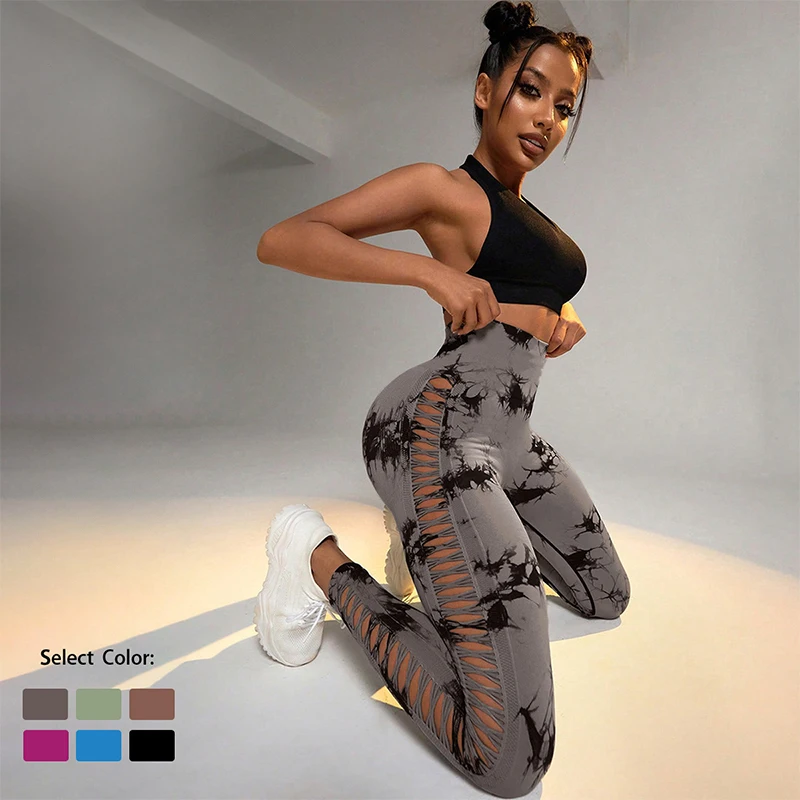 

Fashion Tie-Dye Yoga Leggings Women Sexy Hollow Out Running Sports Leggings Woman High Waist Tight Gym Workout Clothes Ladies