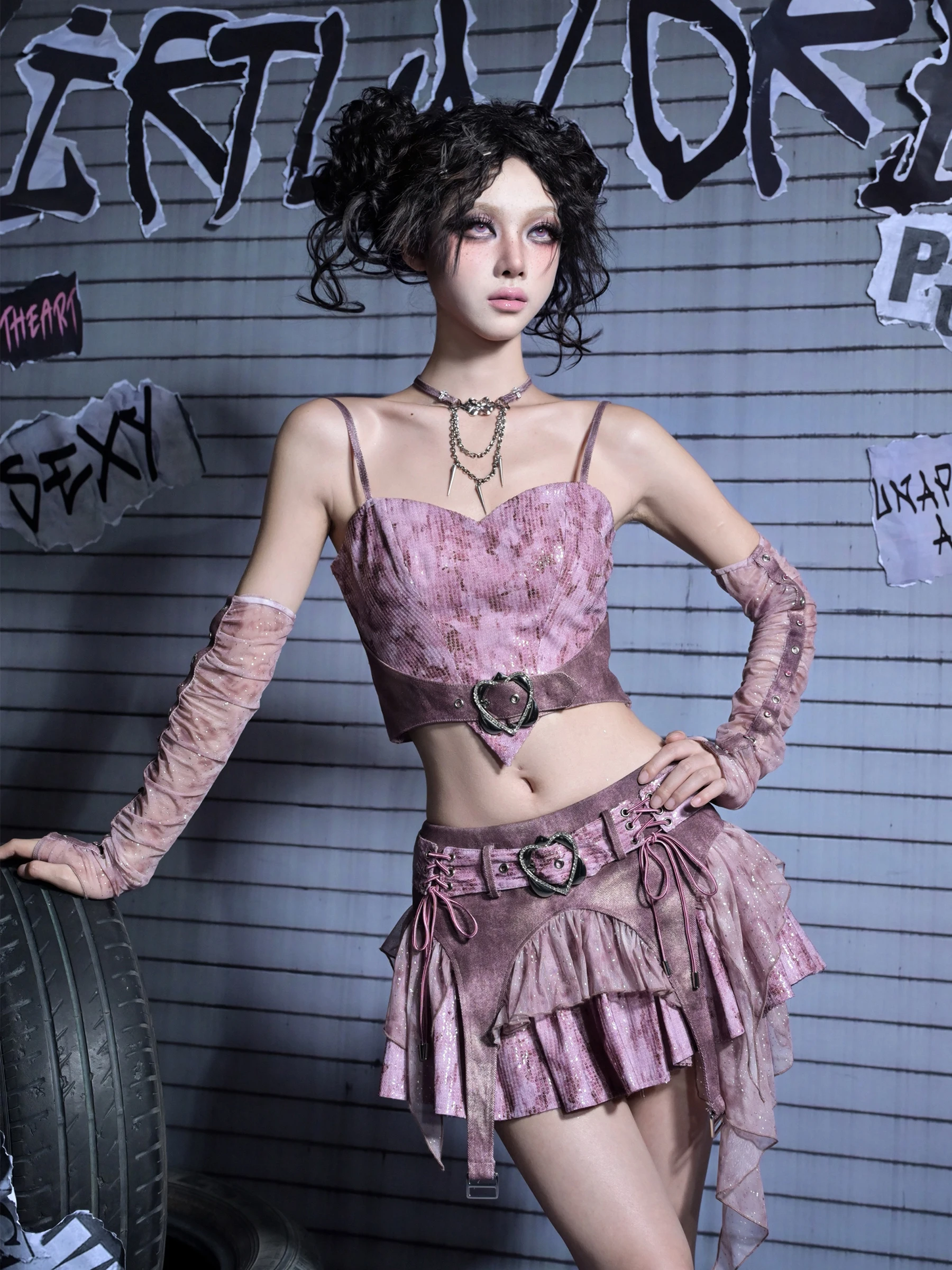 Original Design Y2k Hot Girls Punk Sequins Denim A-line Lace-up Low Waist Mini Skirt Purple Kawaii Cute Party Skirt