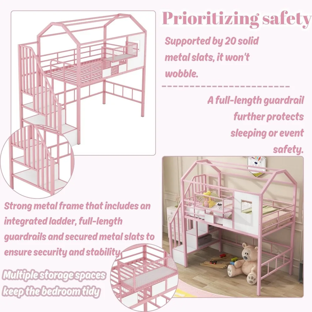 Twin Size House Loft Bed with Stairs and Storage, Heavy-Duty Metal Princess Loft Bed Frame with Storage Box and Safety Rail