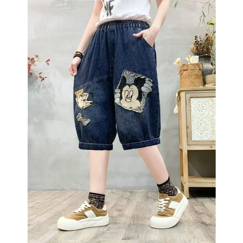 

2026 Summer New Retro Mickey Embroidered Denim Capris Women, Plus Size Thin Loose Slim Harem Wide Leg Jeans джинсы женские