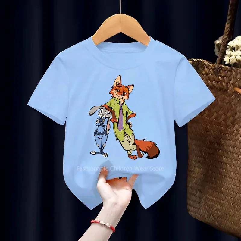 New Disney Zootopia Fun Cartoon Print T-shirt for Kids Summer Boys Girls Outdoor Cotton Casual Fashion Short Sleeve