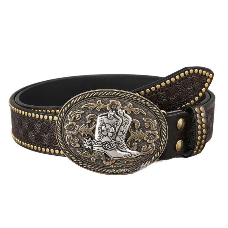 

PU Waist Belt for Male Brown Engraved Waistband Belt Studded Belt For Men Jeans Present for Father Grandpa 57BD