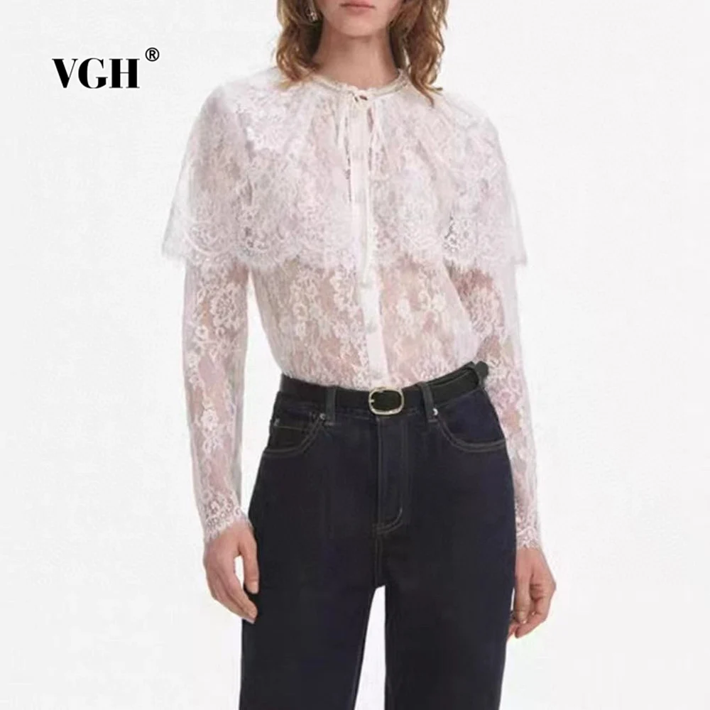 

VGH Elegant Hollow Out Slimming Lace Solid Blouses For Women Round Neck Long Sleeve Spliced Button Sexy Shirts Female Fashion