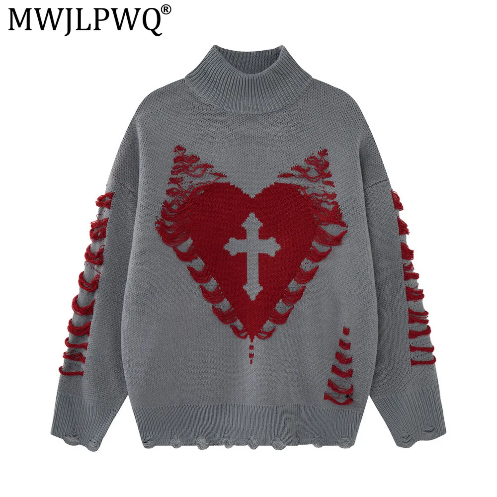 MWJLPWQ Heart-Shaped Pattern High-Neck Sweater Men's Loose Relaxed Style Autumn Winter Fringed Distressed Casual Tops 21208