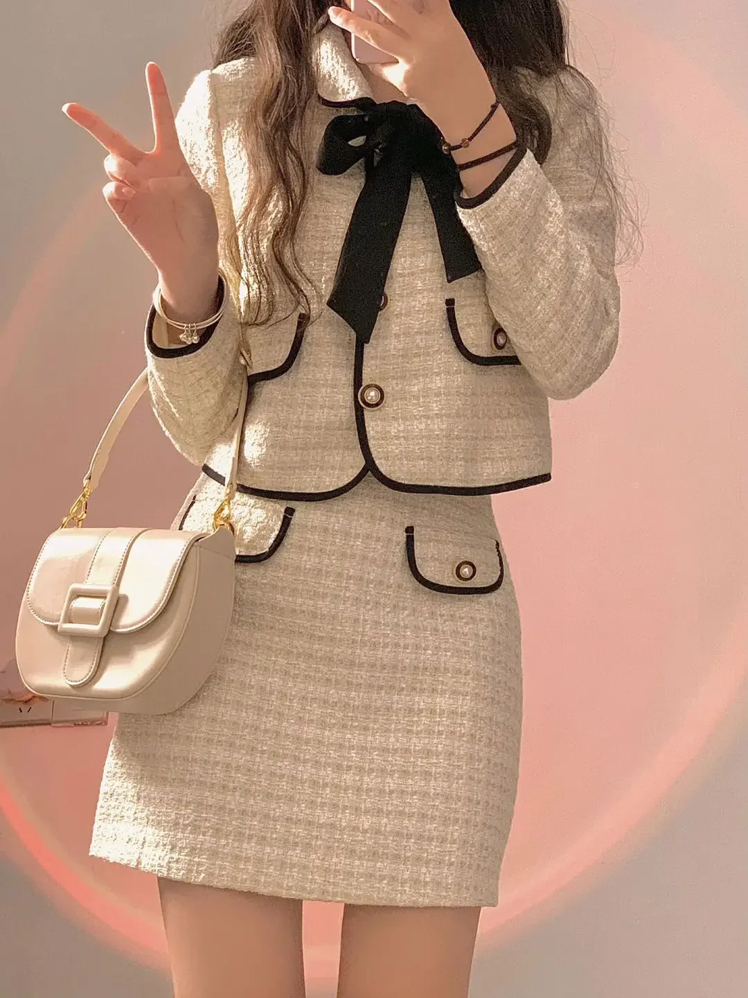 Ensemble deux pièces Vintage français pour femmes, manteau court avec nœud Chic + Mini jupe, nouveau ensemble élégant de Style Y2k de rue japonais