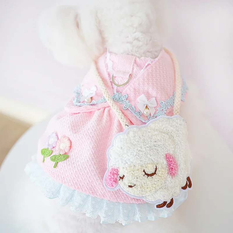 Lollipop Designer Dog Clothes Pet Dog Cat Cute Flower Printed Corduroy  Lamb Backpack Removable Poodle Dog Clothing  강아지