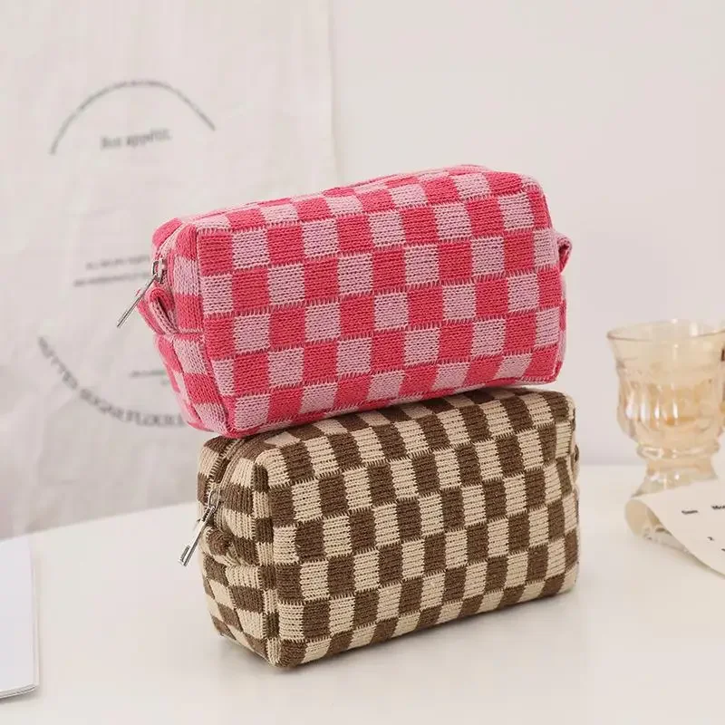 Fashion Plaid Cosmetic Bag Contrast Color Knitting Makeup Bag Brushes Lipsticks Organizer Zipper Toiletry Kit Stationery Case