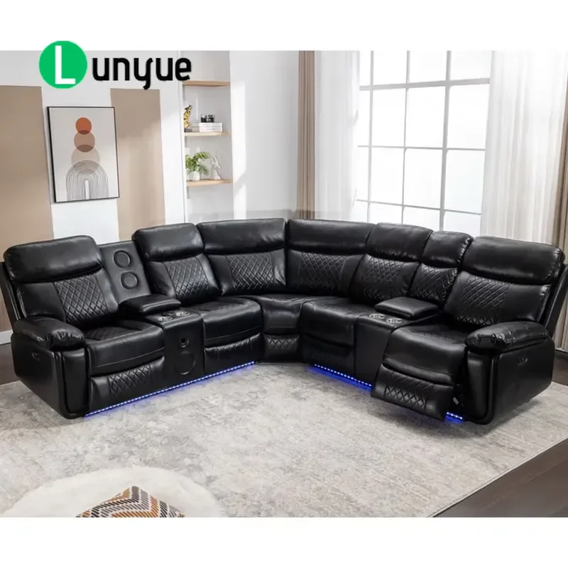 Manufacturer Leather Power Reclining Sectional L Shaped Sofa Chair W/speaker LED Strip Sofa Set Furniture for Home Theater