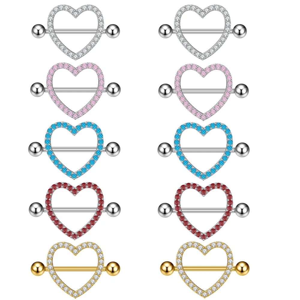 25Pair Heart Shaped Nipple Piercing Exquisite Breast Ring Love Fashion Zircon Breast Ring Nail Piercing Jewelry 14G Straight Bar