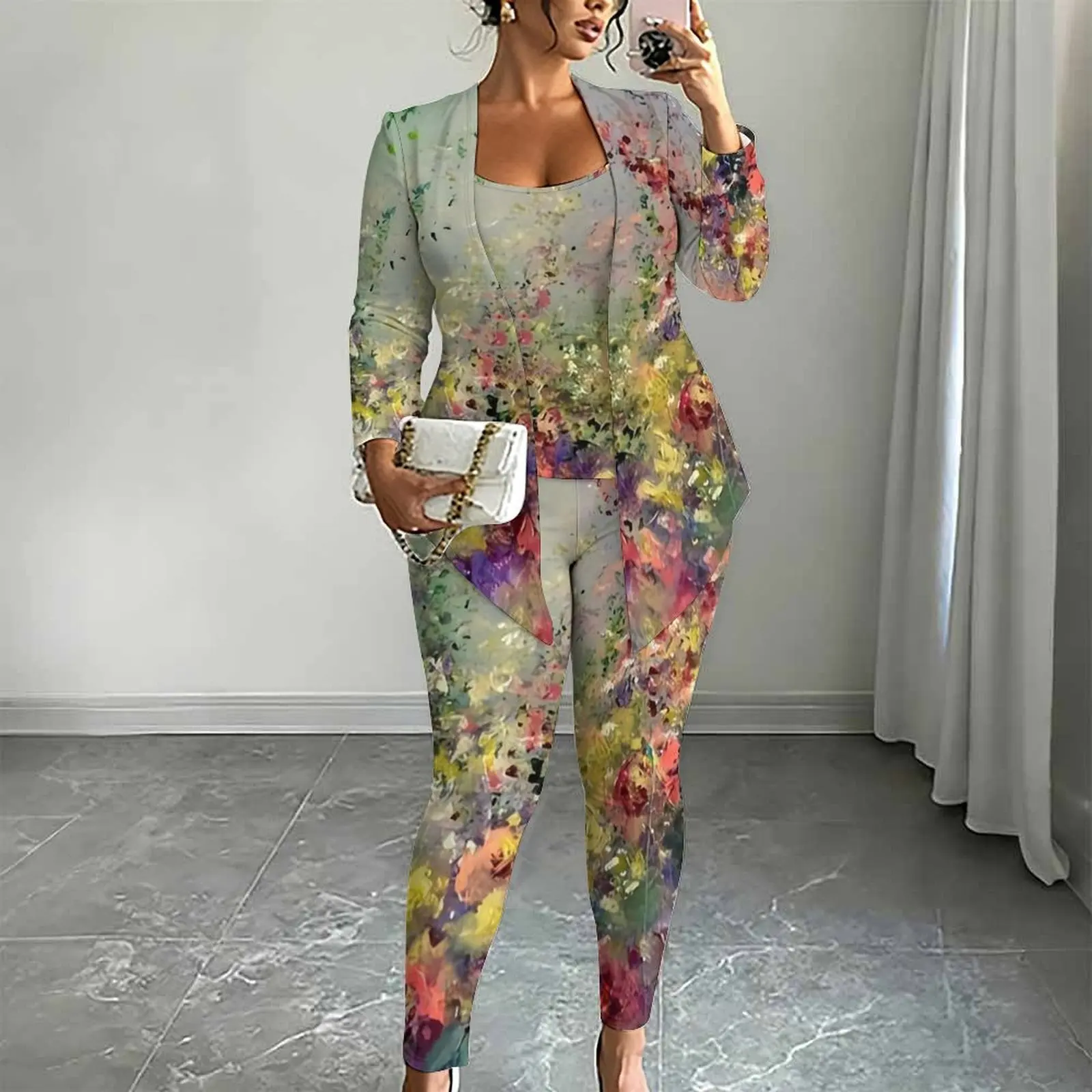 Women's Daily Commuting Three Piece Set Irregular Hem Coat Printed Vest Casual Leggings3pcs Fashion Jogging Pants