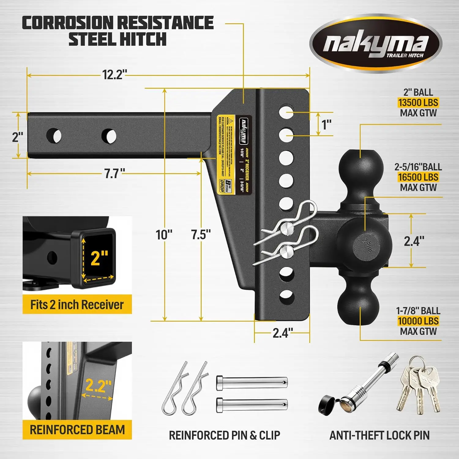 Adjustable Drop Hitch, 8' Drop, 2' Receiver, 16,500 LBS GTW, Dual Anti-Theft Pin Lock