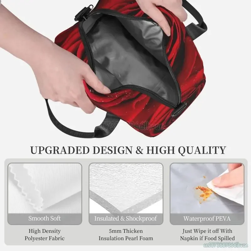 Rote Rosen blume mit Regentropfen isoliert Lunch Bag Cooler Thermal Bento Einkaufstaschen für Arbeit Schule Picknick Valentinstag Geschenk