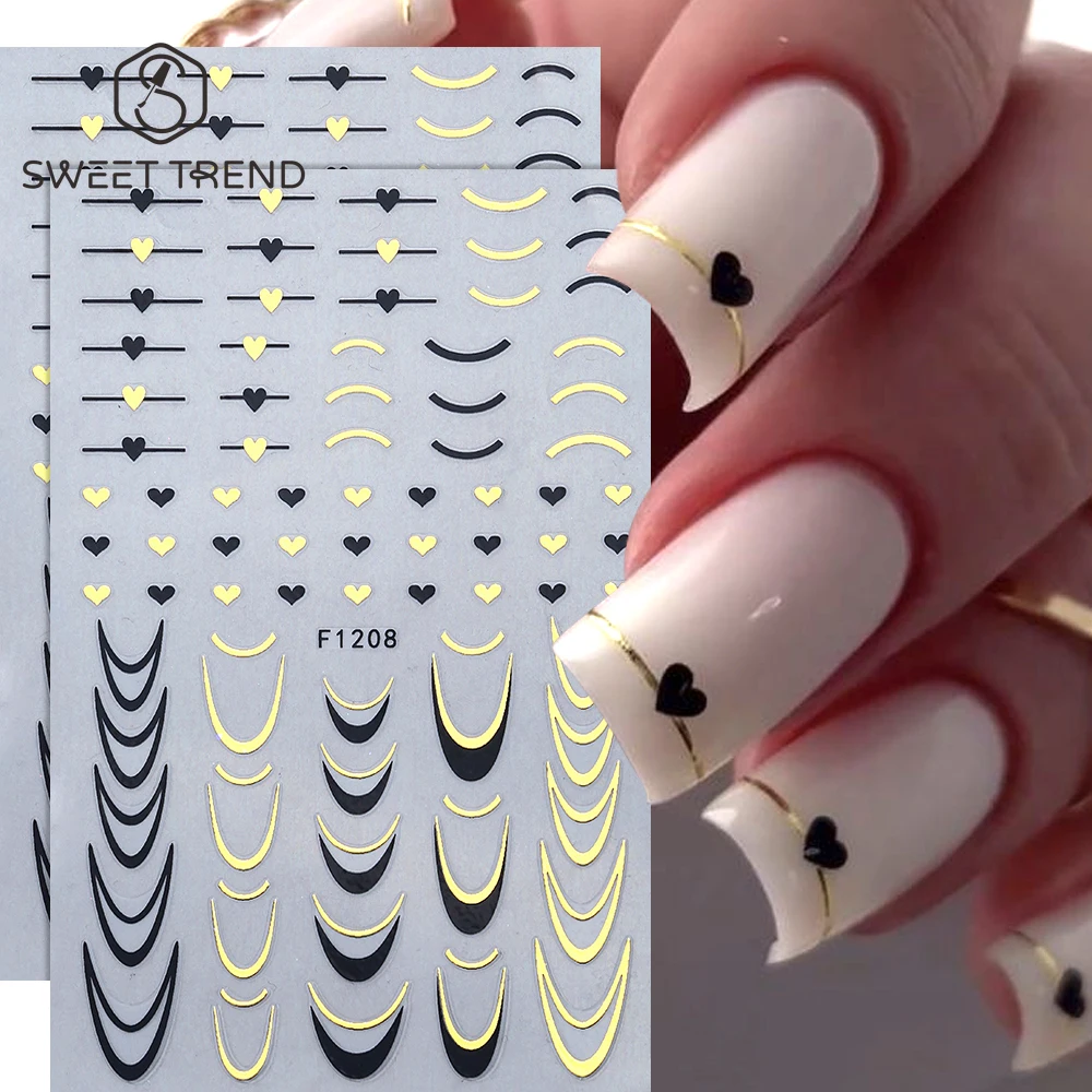 SWEET TREND-2 Stück schwarz-goldene französische Linien-Nagelaufkleber, geometrische Liebesherz-Nagelaufkleber für Damen, Maniküre-Zubehör
