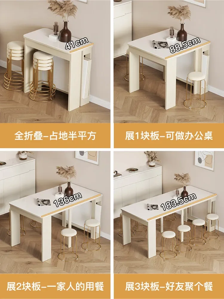 Cream-style solid wood folding dining table, extendable home dining table, small apartment dining chair combination