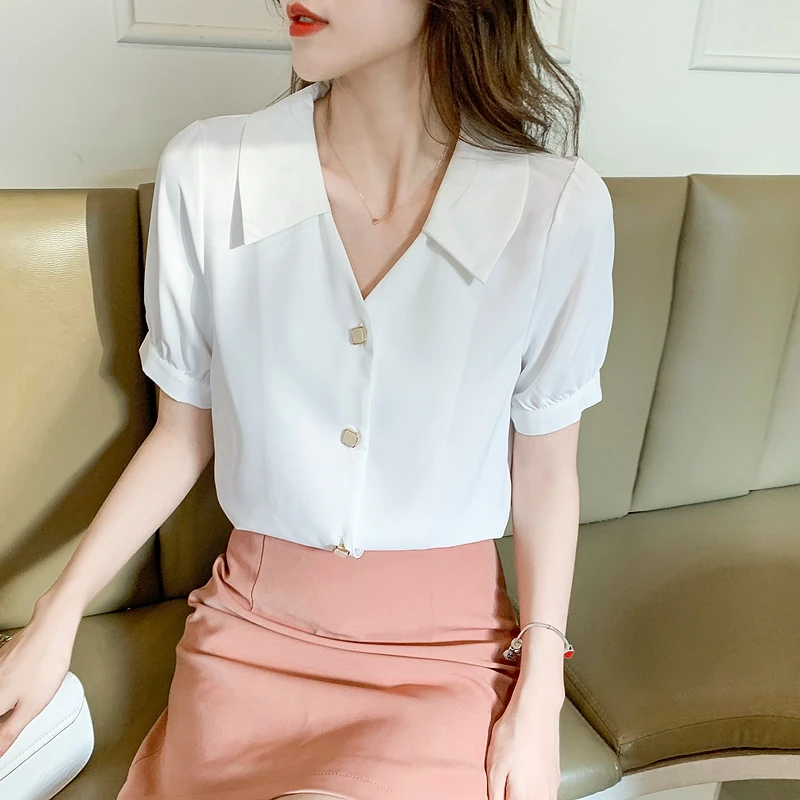 New Summer Short Sleeve Turn Down Collar Women Shirt Casual Chiffon Shirt Blouse Women Tops Blusas Mujer De Moda 2024 Verano J10