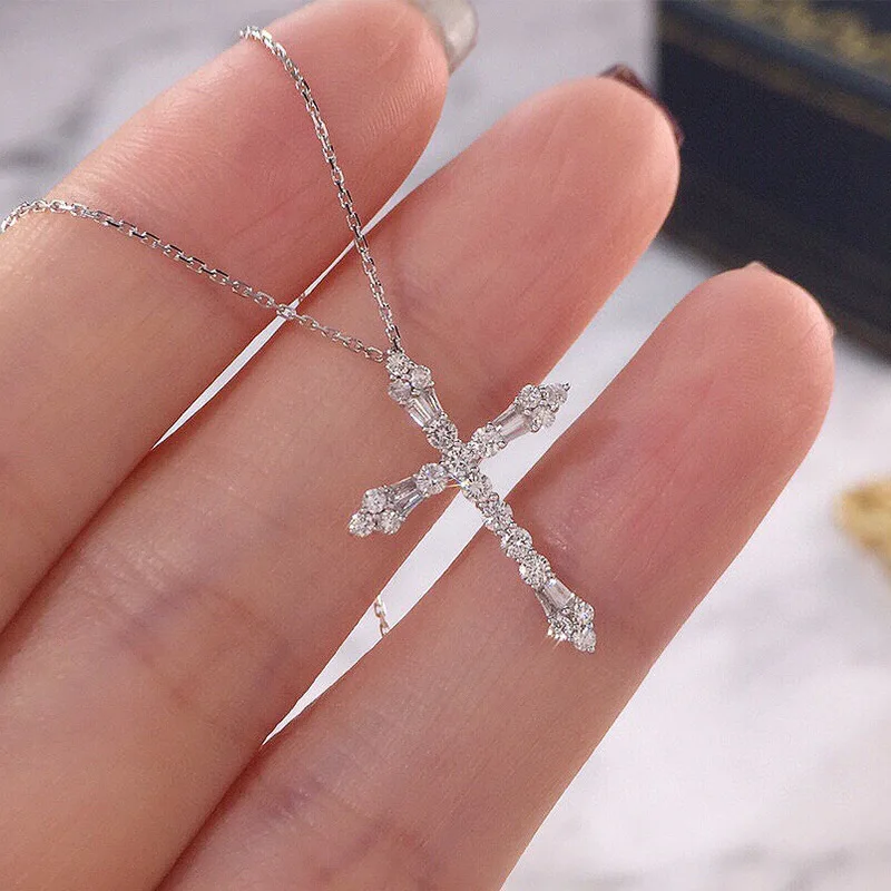 CAOSHI Shinning Cross Pendant Necklace for Lady Silver Color Shiny Zirconia Accessories for Party Fashion Daily Wearable Jewelry