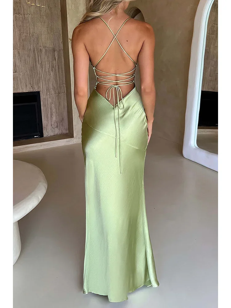 

Fashion Sexy Satin Backless Camis Dress Spaghetti Strap Split Hem Silk Y2K Bodycon Casual Lace-up Summer Evening Long Dress 2024