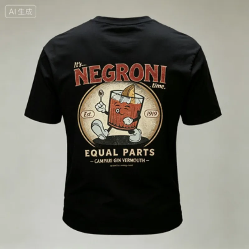 Male  Modal T‑Shirt Round Neck Vintage Cocktail Character Graphic Print Retro Bar Drink Design Short Sleeve Casual Tees