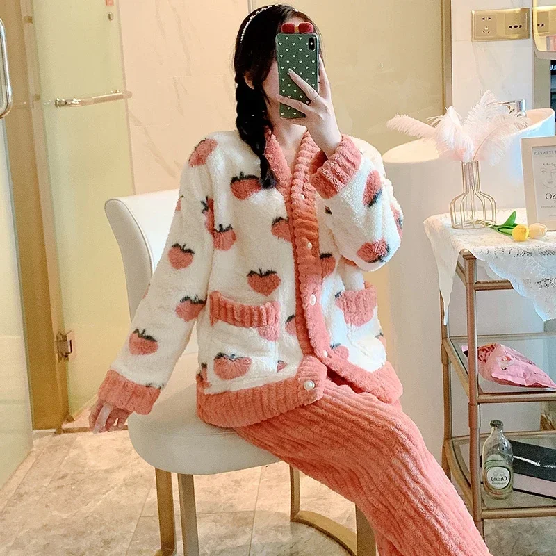 Autumn Winter Women Pyjamas Sets Long Sleeve Rest Sleepwear Female 2 Piece Pajamas Warm Flannel Thick Buttons Cardigan Homewear